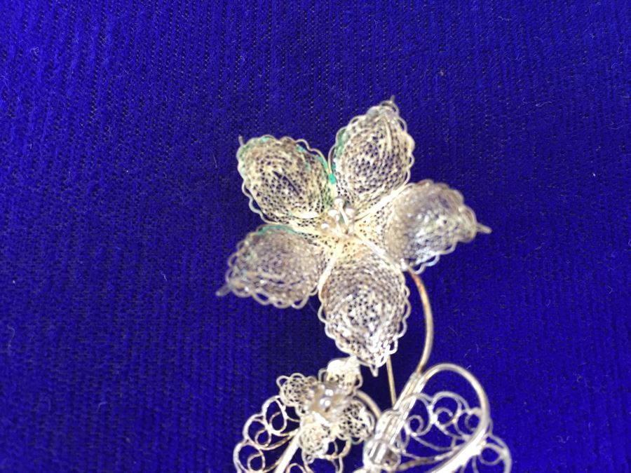 Vintage Silver Filigree Flower Brooch Pin 3.5g [Photo 3]