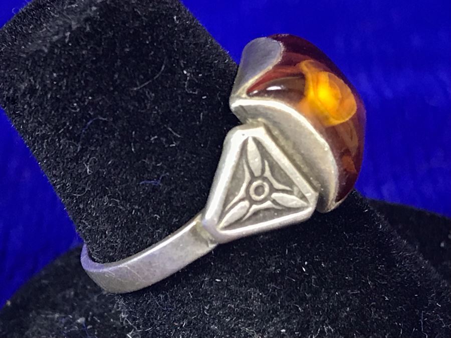 Vintage Signed Sterling Silver Amber Ring 3.1g Size 6.5 [Photo 3]