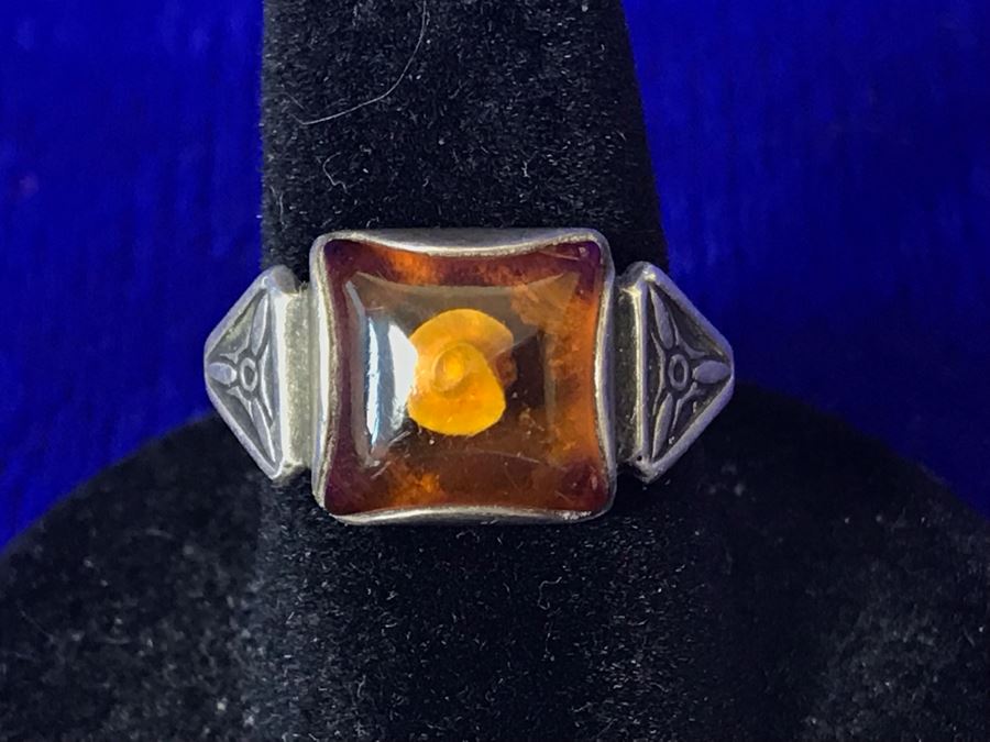 Vintage Signed Sterling Silver Amber Ring 3.1g Size 6.5 [Photo 2]