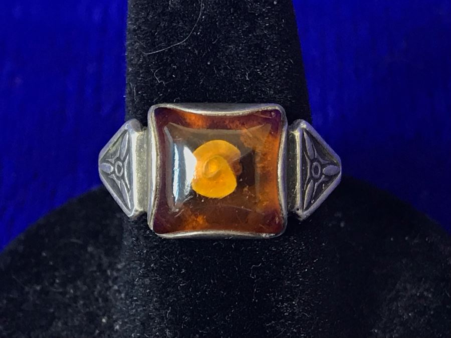 Vintage Signed Sterling Silver Amber Ring 3.1g Size 6.5 [Photo 1]