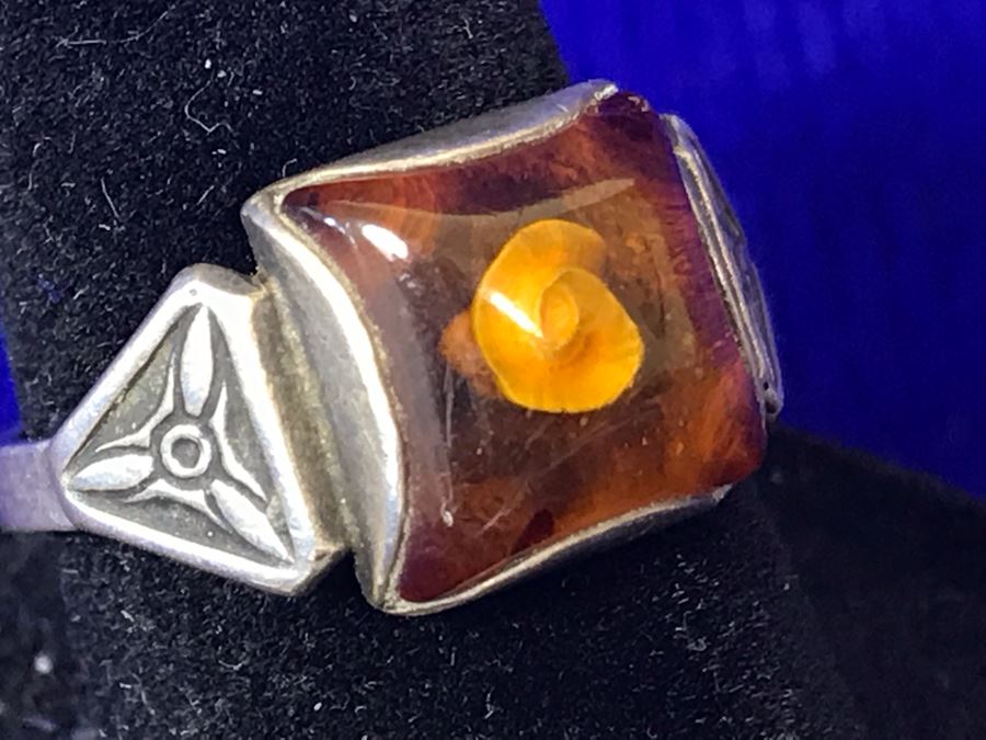 Vintage Signed Sterling Silver Amber Ring 3.1g Size 6.5 [Photo 4]