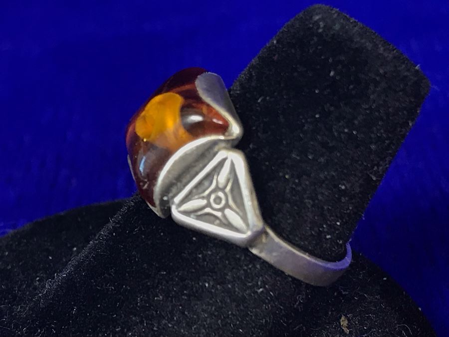Vintage Signed Sterling Silver Amber Ring 3.1g Size 6.5 [Photo 5]