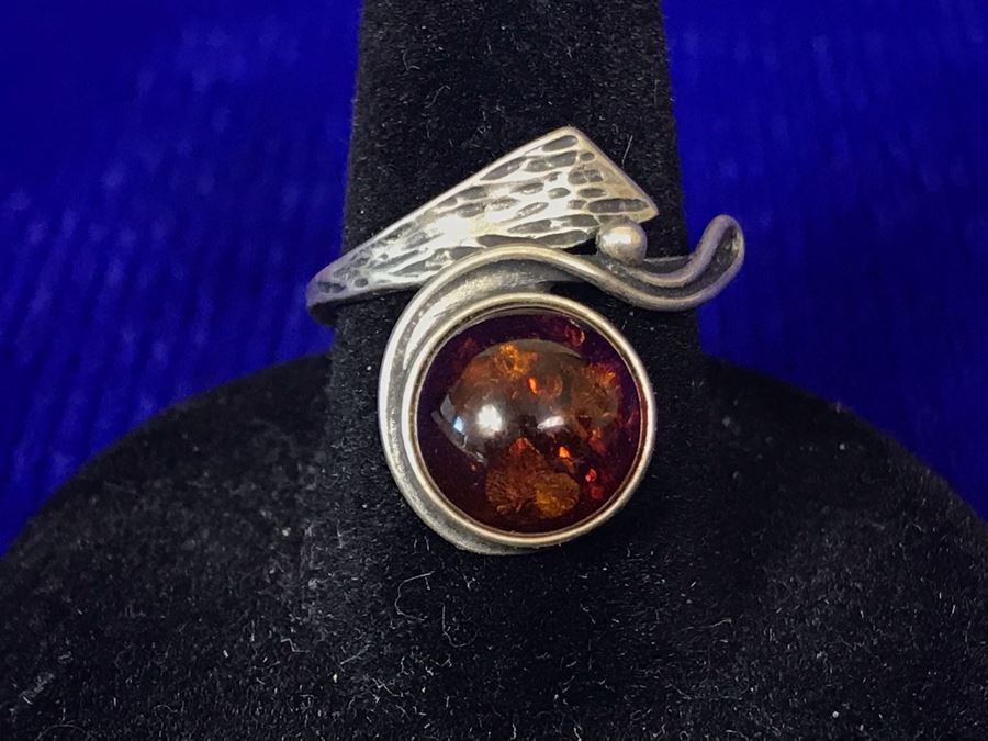 Vintage Signed Sterling Silver Amber Ring 3g Size 7 [Photo 3]