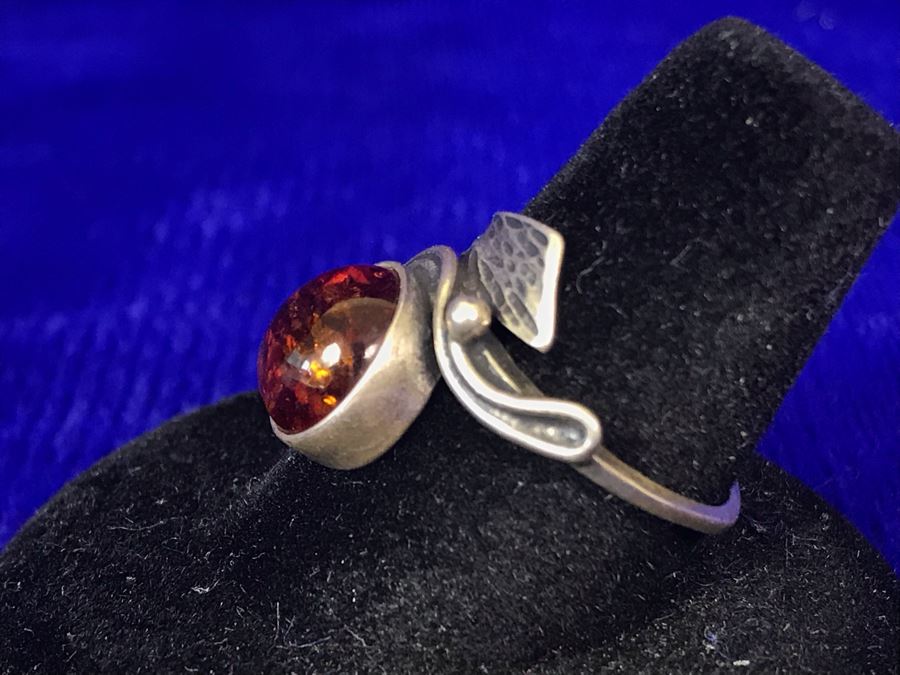 Vintage Signed Sterling Silver Amber Ring 3g Size 7 [Photo 5]