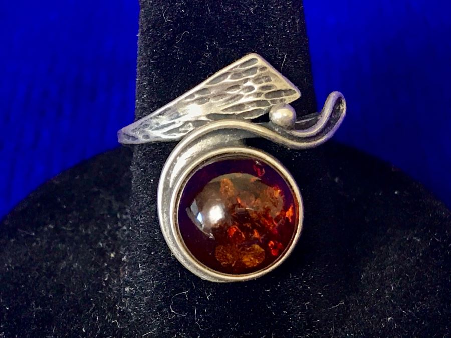 Vintage Signed Sterling Silver Amber Ring 3g Size 7 [Photo 2]