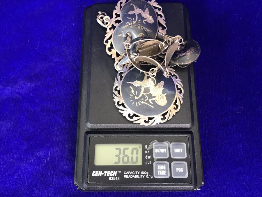 Vintage SIAM Sterling Silver Jewelry: Pendant, Brooch Pin, Bracelet and Pair Of Clip On Earrings 36g TW [Photo 24]