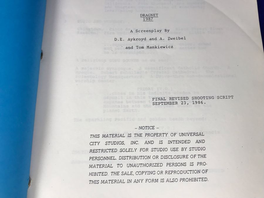 Vintage 1987 Dragnet Movie Script Universal City Studios, CA September 23, 1986 Final Revised Shooting Script [Photo 4]