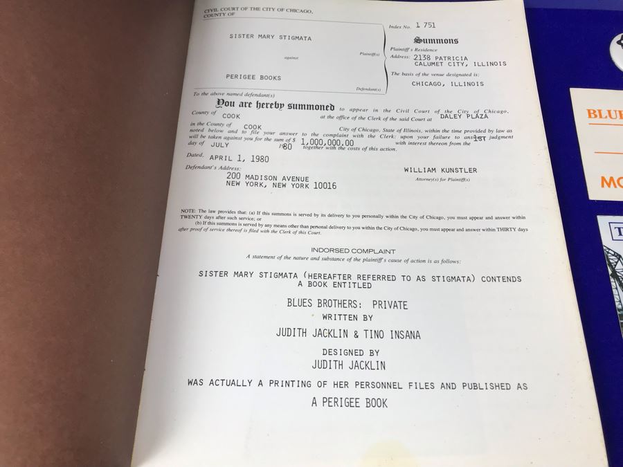 Vintage 1980 The Blues Brothers Movie Memorabilia Lot: Promo Vinyl Record, Sealed Cassette Tape, Button, 1979 Movie Concert Sticker, Blues Brothers Album Sticker, Bluesmobile Die-Cast Metal Replica Car On Damaged Card, And Private Perigee Book [Photo 6]