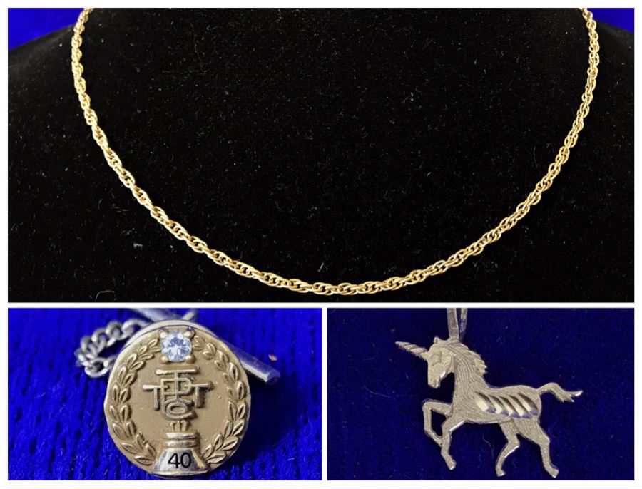 14K Gold Unicorn Pendant (0.4g) And 10K Gold Chain Necklace And 40 Years Of Service Pin (7.5g)
