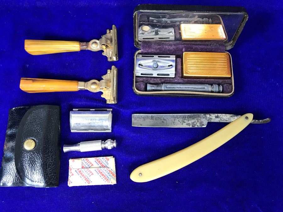Collection Of Vintage Razors Including Vintage Straight Razor And Vintage Gillette Razor With Blades In Vintage Case (Upper Right) [Photo 2]