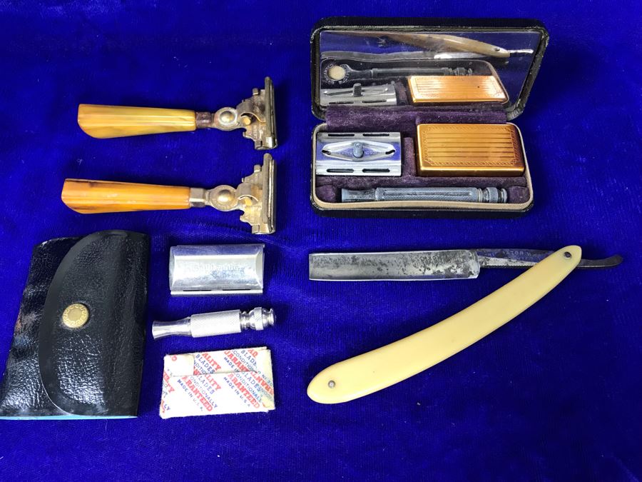 Collection Of Vintage Razors Including Vintage Straight Razor And Vintage Gillette Razor With Blades In Vintage Case (Upper Right)