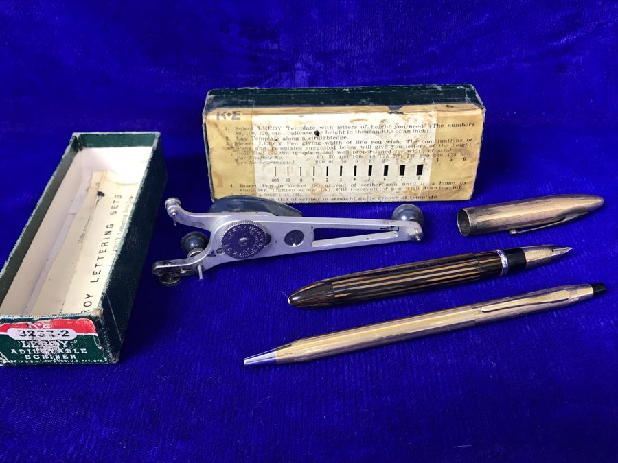 Vintage 14K Gold Sheaffer's Fountain Pen, Cross Ballpoint Pen And Leroy Adjustable Scriber Lettering Kit With Box 