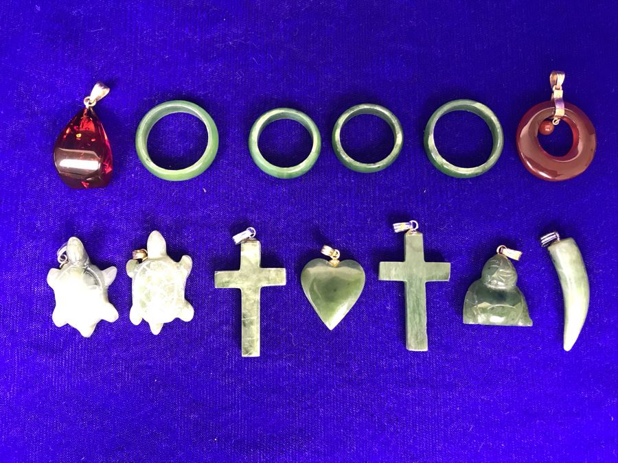 JUST ADDED - Various Pendants And Rings Including Carved Jade Pendants Some With 18K Gold Bales [Photo 2]