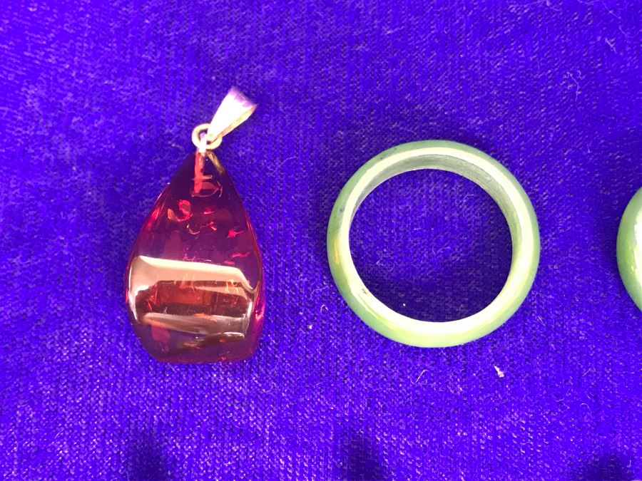 JUST ADDED - Various Pendants And Rings Including Carved Jade Pendants Some With 18K Gold Bales [Photo 4]