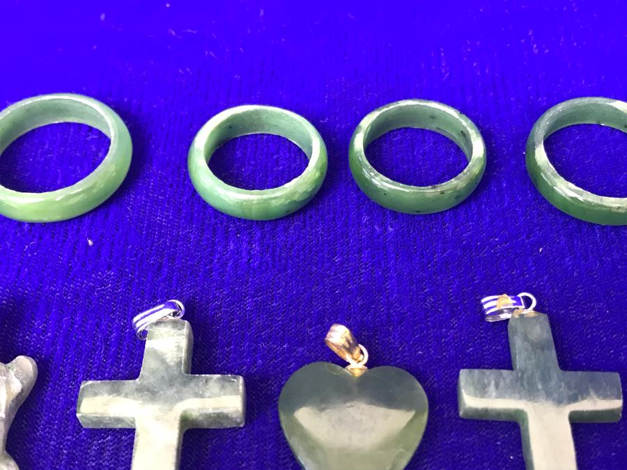 JUST ADDED - Various Pendants And Rings Including Carved Jade Pendants Some With 18K Gold Bales [Photo 9]