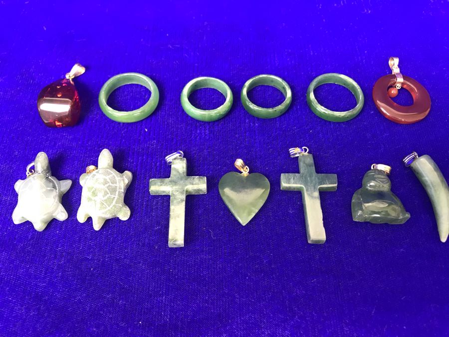 JUST ADDED - Various Pendants And Rings Including Carved Jade Pendants Some With 18K Gold Bales [Photo 3]