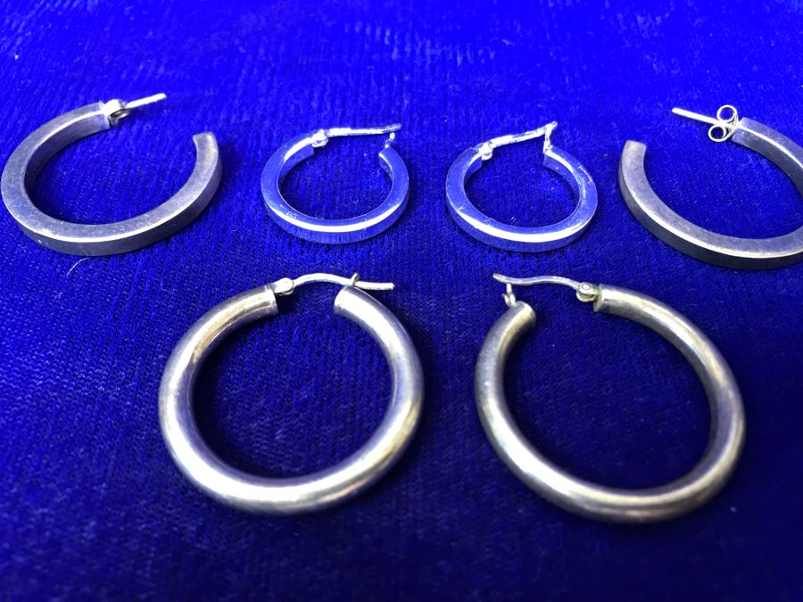 (3) Pairs Of Sterling Silver Hoops Earrings 13.1g TW [Photo 2]