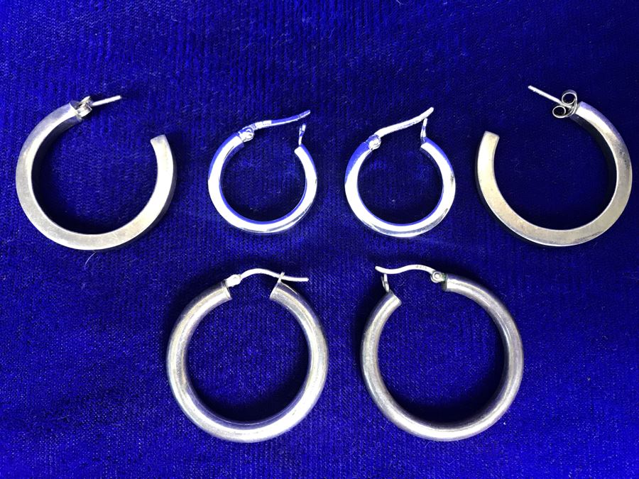 (3) Pairs Of Sterling Silver Hoops Earrings 13.1g TW [Photo 1]