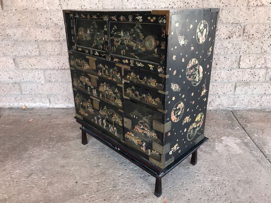 Stunning Antique Japanese Mother Of Pearl Inlay Tansu Chest Cabinet - See Details [Photo 32]