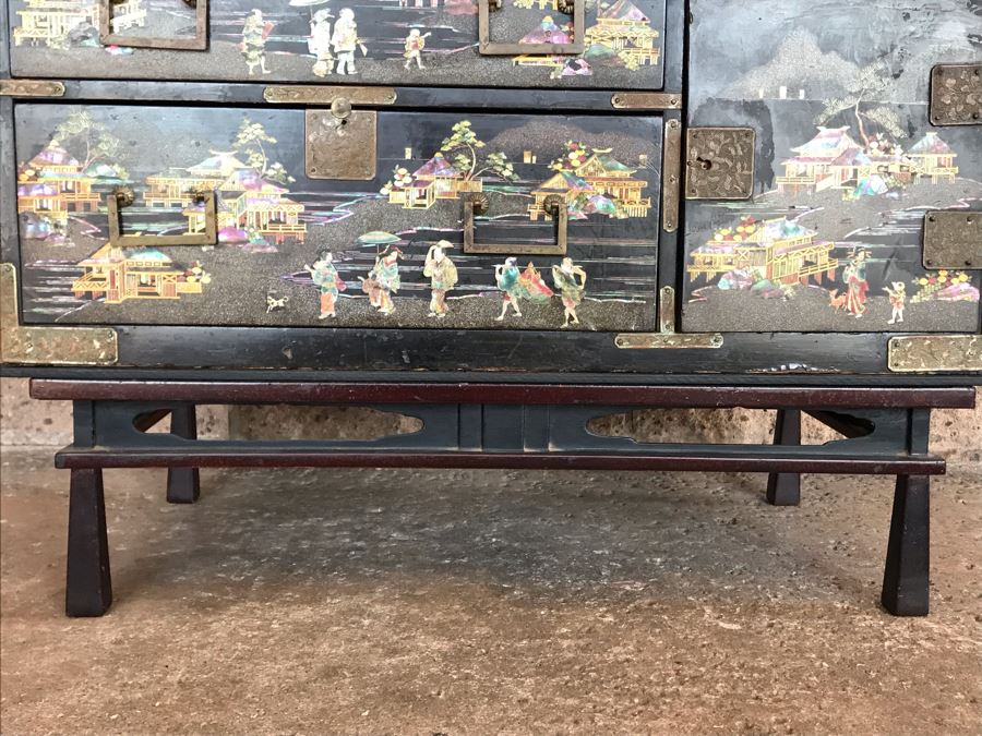 Stunning Antique Japanese Mother Of Pearl Inlay Tansu Chest Cabinet - See Details [Photo 26]