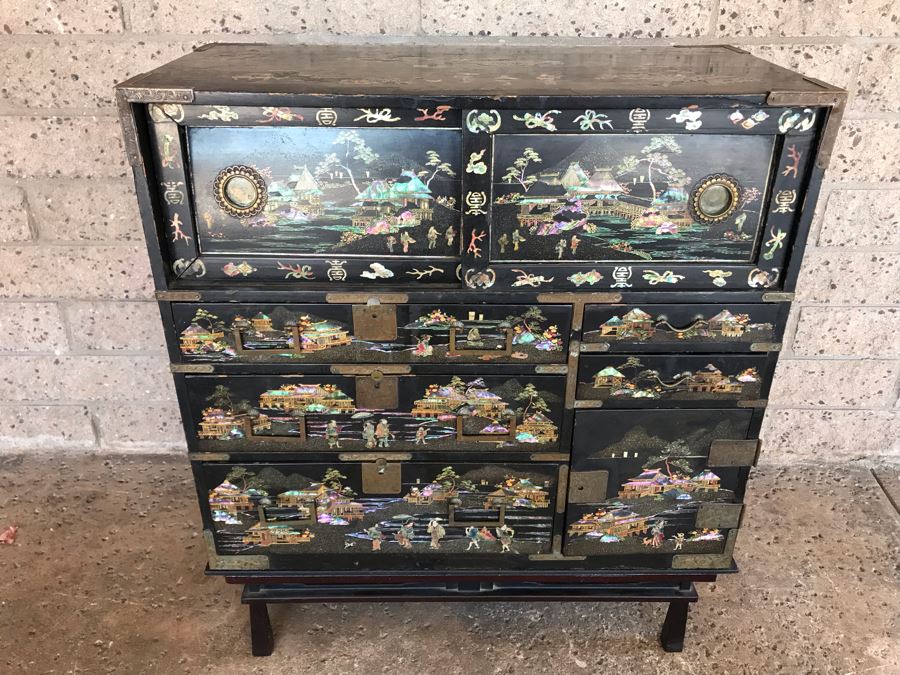 Stunning Antique Japanese Mother Of Pearl Inlay Tansu Chest Cabinet - See Details [Photo 6]