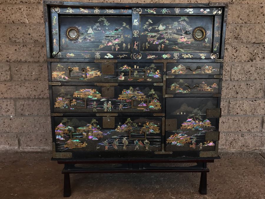 Stunning Antique Japanese Mother Of Pearl Inlay Tansu Chest Cabinet - See Details [Photo 5]