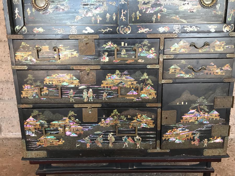 Stunning Antique Japanese Mother Of Pearl Inlay Tansu Chest Cabinet - See Details [Photo 7]