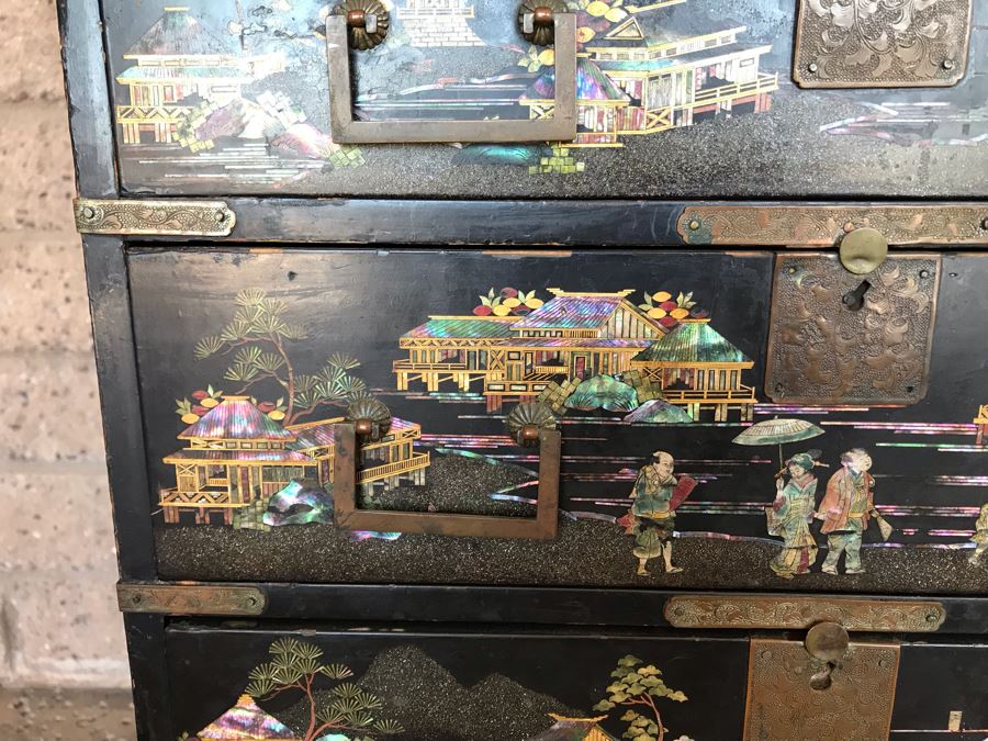 Stunning Antique Japanese Mother Of Pearl Inlay Tansu Chest Cabinet - See Details [Photo 10]