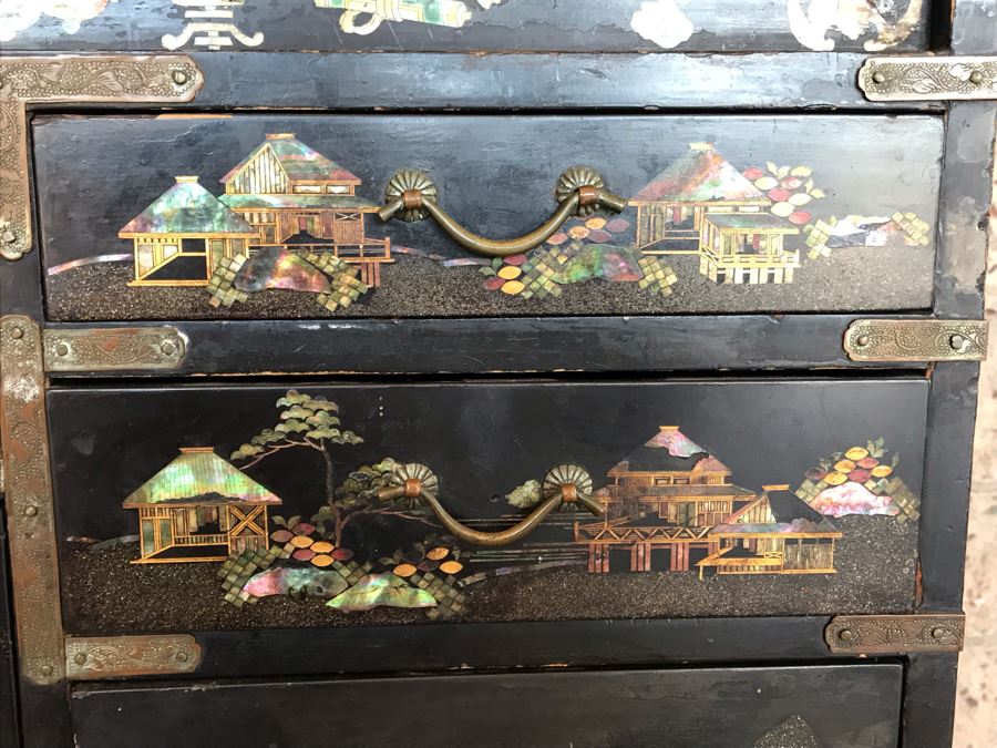 Stunning Antique Japanese Mother Of Pearl Inlay Tansu Chest Cabinet - See Details [Photo 17]