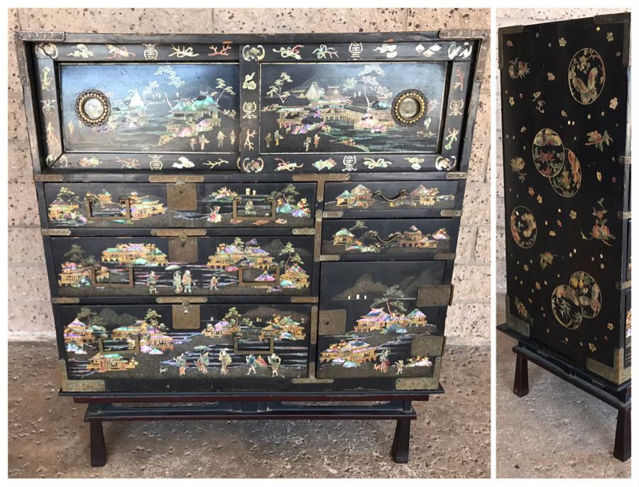 Stunning Antique Japanese Mother Of Pearl Inlay Tansu Chest Cabinet - See Details [Photo 1]