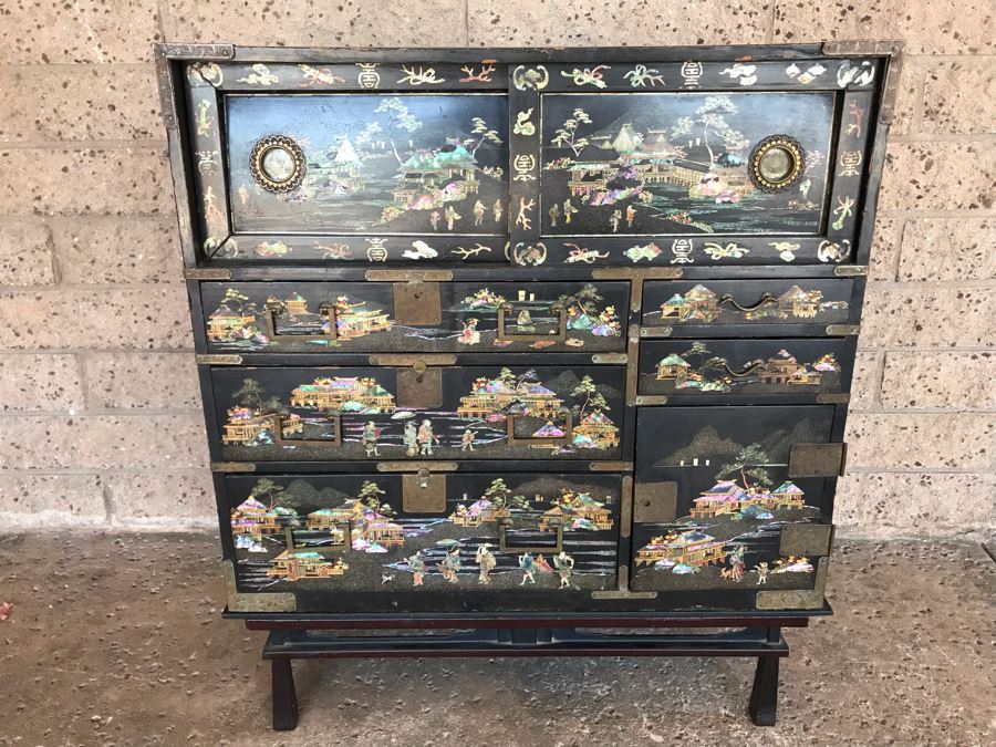 Stunning Antique Japanese Mother Of Pearl Inlay Tansu Chest Cabinet - See Details [Photo 3]