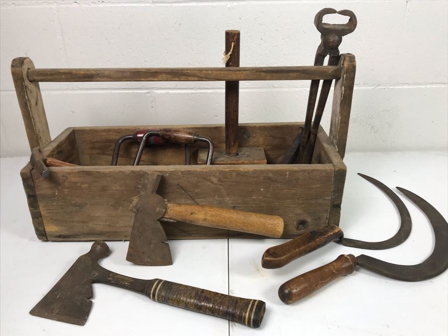 Vintage Wooden Toolbox Filled With Old Woodworking Tools, Blacksmith Tools, (2) Hatchets, (2) Scythes [Photo 1]