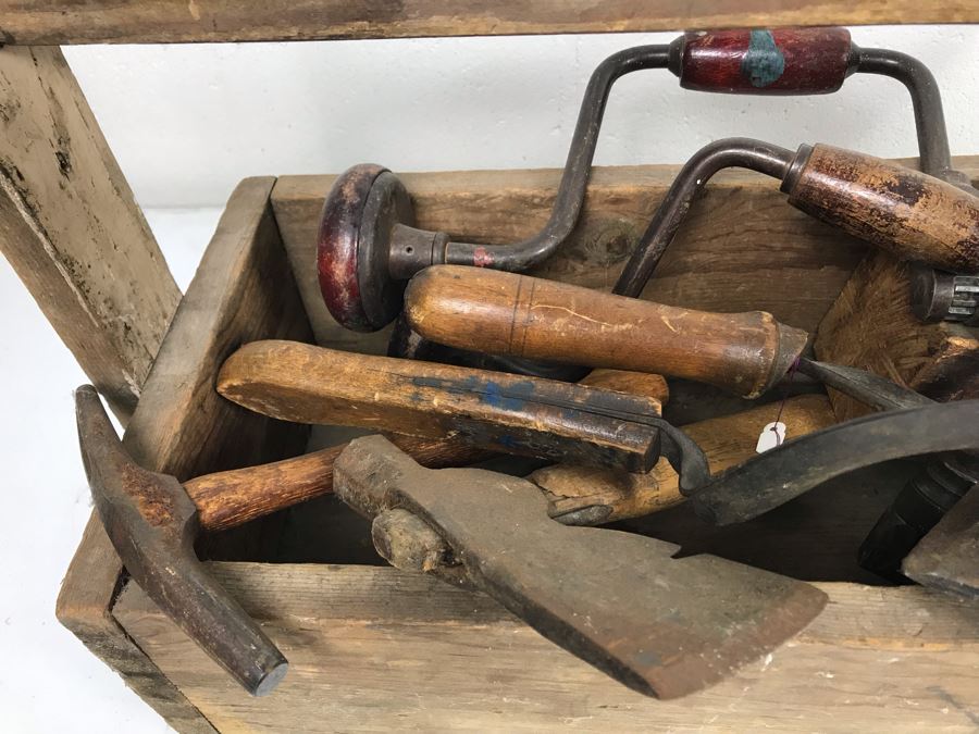 Vintage Wooden Toolbox Filled With Old Woodworking Tools, Blacksmith Tools, (2) Hatchets, (2) Scythes [Photo 5]