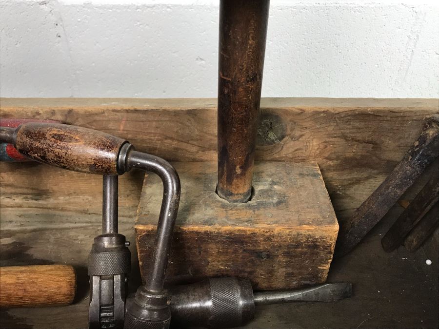 Vintage Wooden Toolbox Filled With Old Woodworking Tools, Blacksmith Tools, (2) Hatchets, (2) Scythes [Photo 16]