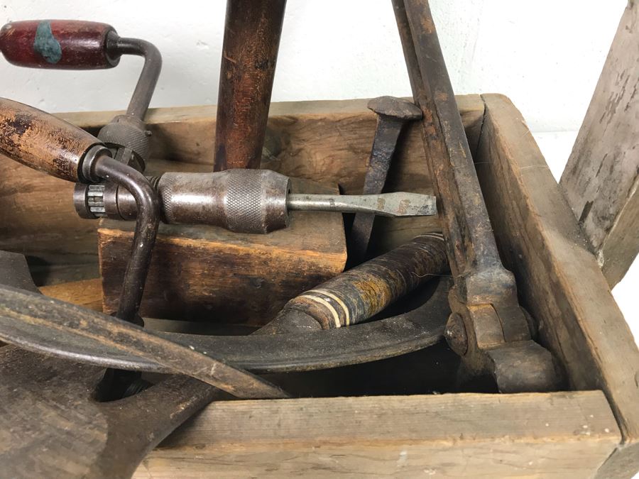Vintage Wooden Toolbox Filled With Old Woodworking Tools, Blacksmith Tools, (2) Hatchets, (2) Scythes [Photo 7]