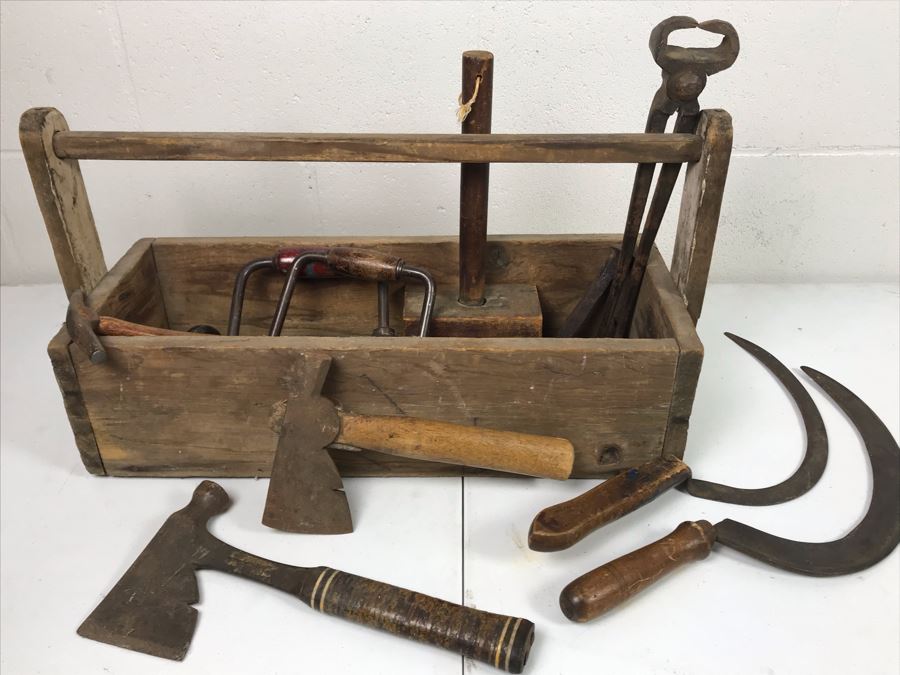 Vintage Wooden Toolbox Filled With Old Woodworking Tools, Blacksmith Tools, (2) Hatchets, (2) Scythes [Photo 2]
