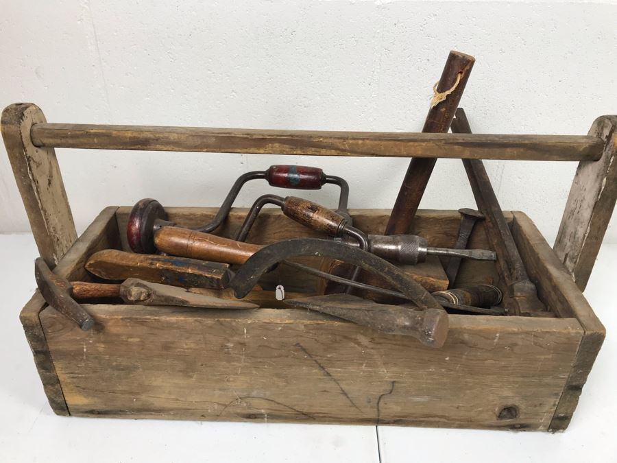 Vintage Wooden Toolbox Filled With Old Woodworking Tools, Blacksmith Tools, (2) Hatchets, (2) Scythes [Photo 4]