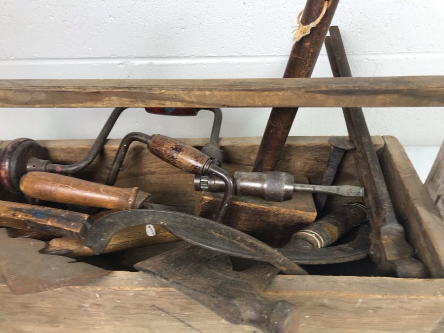 Vintage Wooden Toolbox Filled With Old Woodworking Tools, Blacksmith 