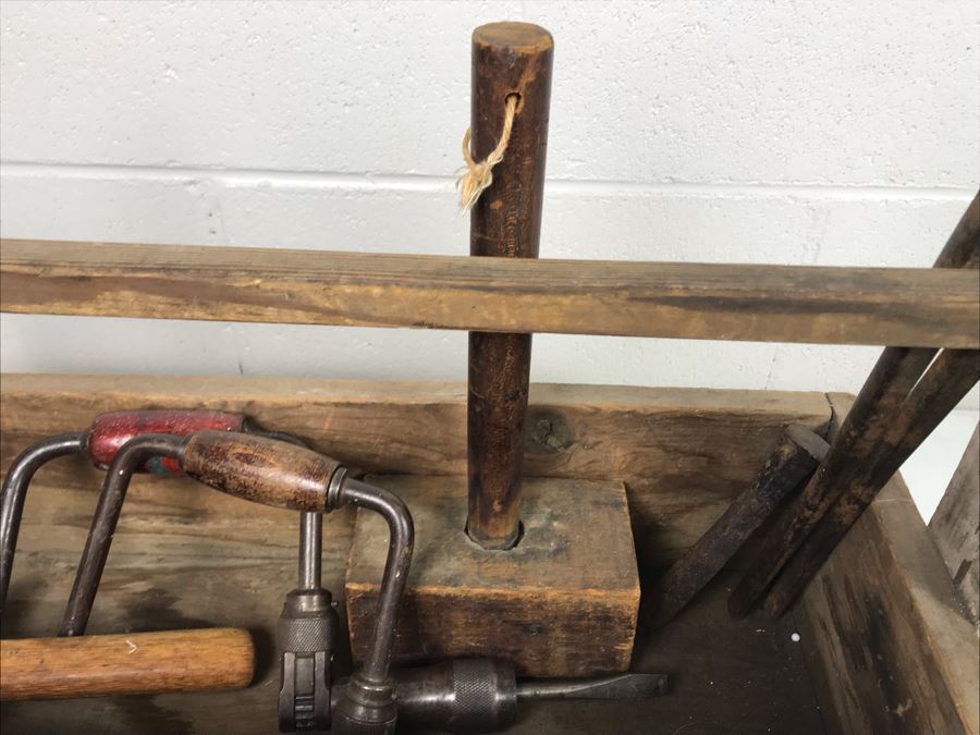Vintage Wooden Toolbox Filled With Old Woodworking Tools, Blacksmith Tools, (2) Hatchets, (2) Scythes [Photo 12]