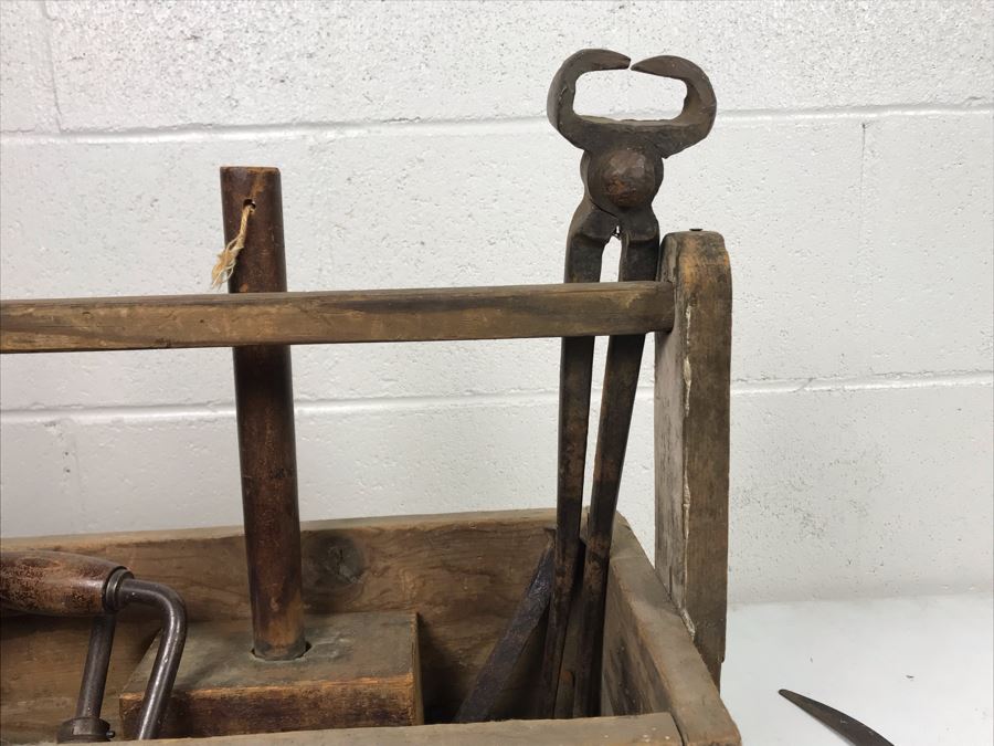 Vintage Wooden Toolbox Filled With Old Woodworking Tools, Blacksmith Tools, (2) Hatchets, (2) Scythes [Photo 11]