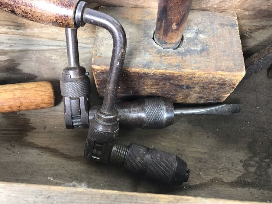 Vintage Wooden Toolbox Filled With Old Woodworking Tools, Blacksmith Tools, (2) Hatchets, (2) Scythes [Photo 15]