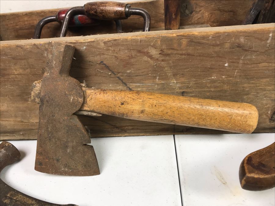 Vintage Wooden Toolbox Filled With Old Woodworking Tools, Blacksmith Tools, (2) Hatchets, (2) Scythes [Photo 9]