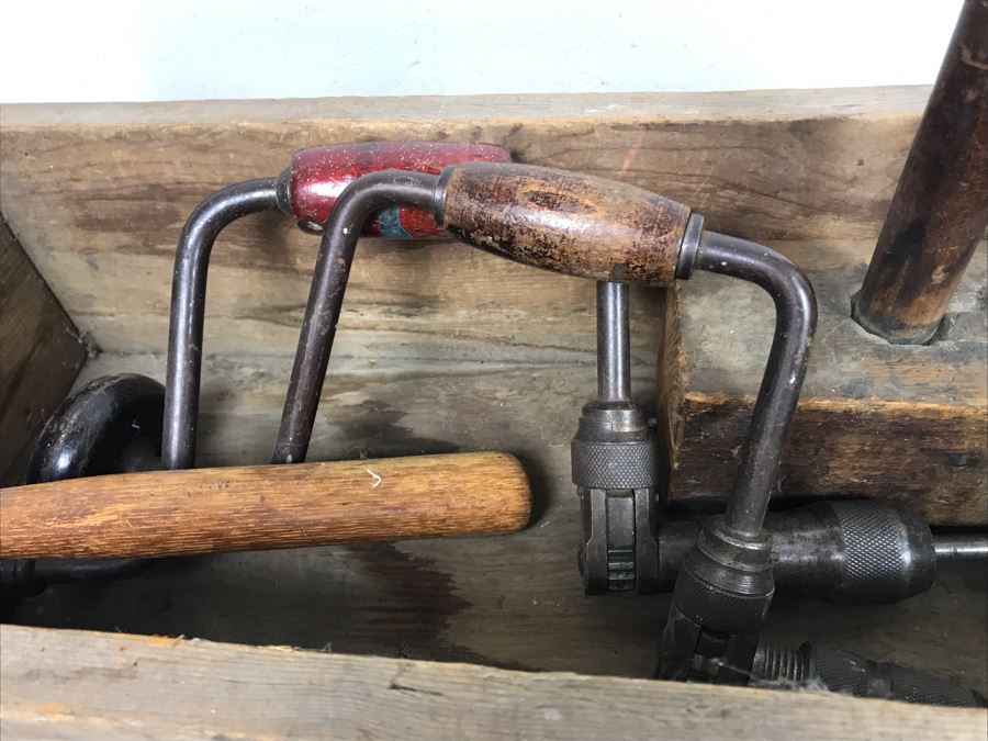 Vintage Wooden Toolbox Filled With Old Woodworking Tools, Blacksmith Tools, (2) Hatchets, (2) Scythes [Photo 13]