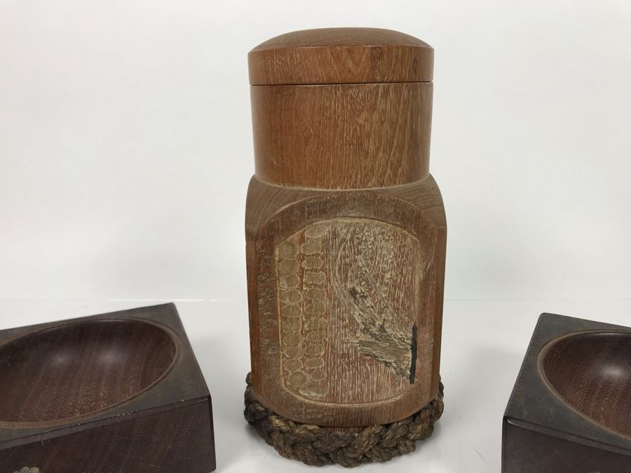 Vintage Carved Wooden Lidded Container Thermos With 4-Panel Scenes And Pair Of Wooden Bowls [Photo 13]