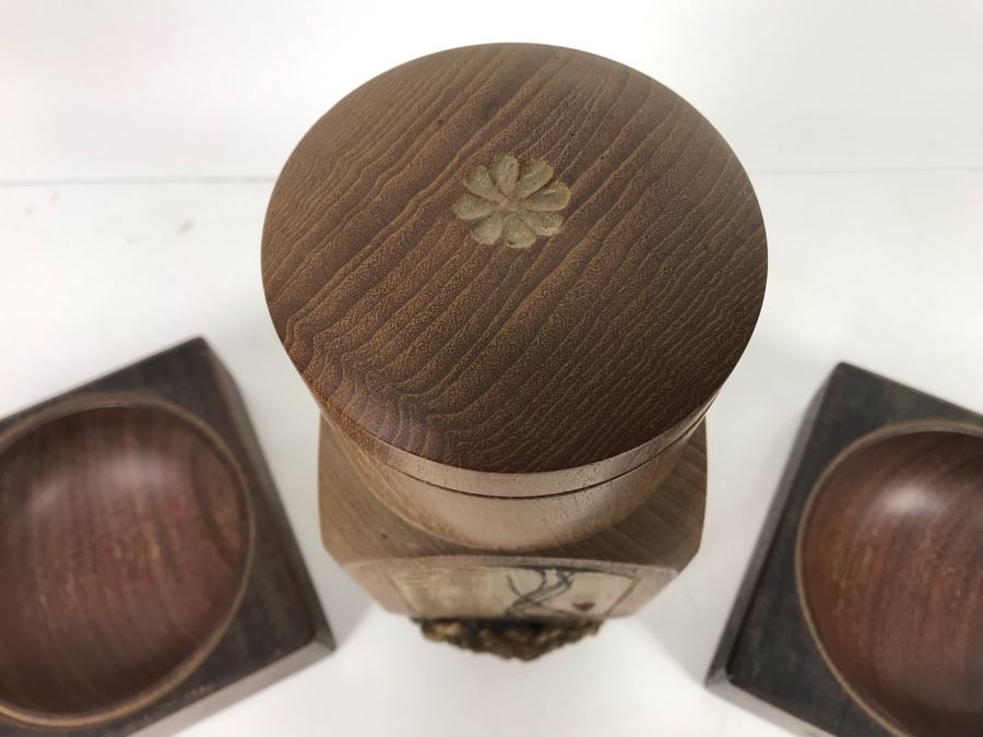 Vintage Carved Wooden Lidded Container Thermos With 4-Panel Scenes And Pair Of Wooden Bowls [Photo 8]