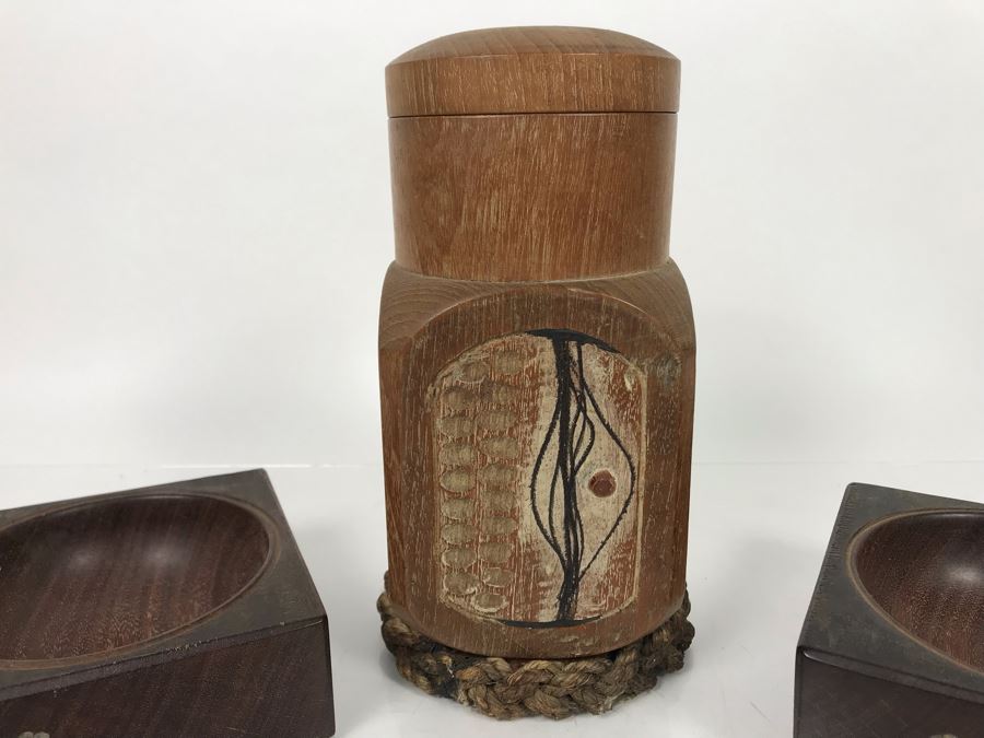 Vintage Carved Wooden Lidded Container Thermos With 4-Panel Scenes And Pair Of Wooden Bowls [Photo 12]