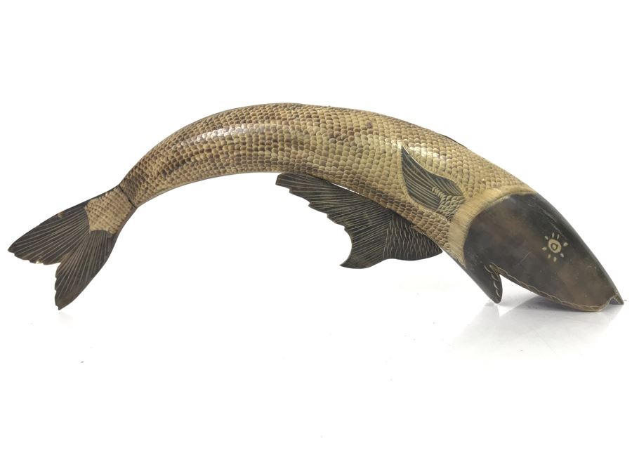 Carved Horn Sculpture Of Fish 18'L X 6'H