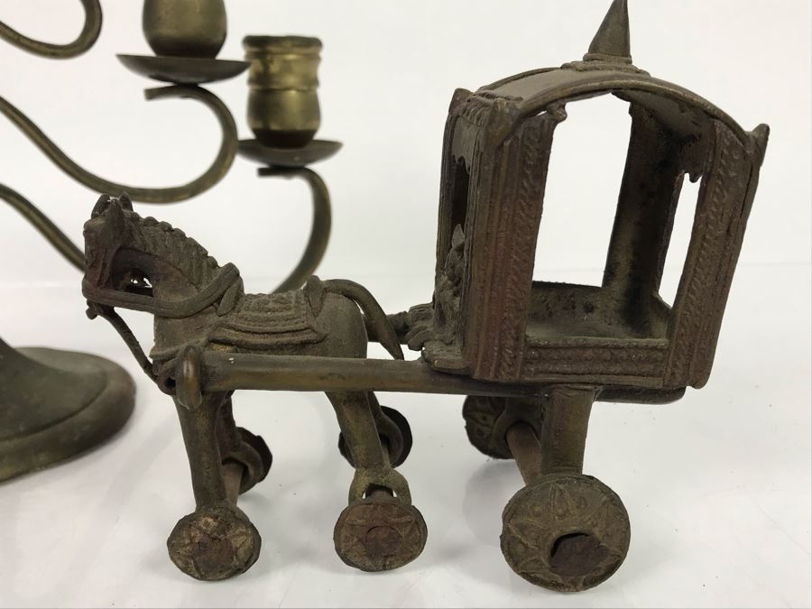 Vintage Brass Candelabra With Old Brass Horse Drawn Cart Toy [Photo 6]