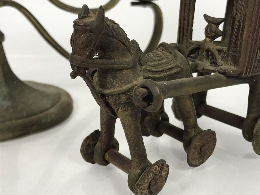Vintage Brass Candelabra With Old Brass Horse Drawn Cart Toy [Photo 3]