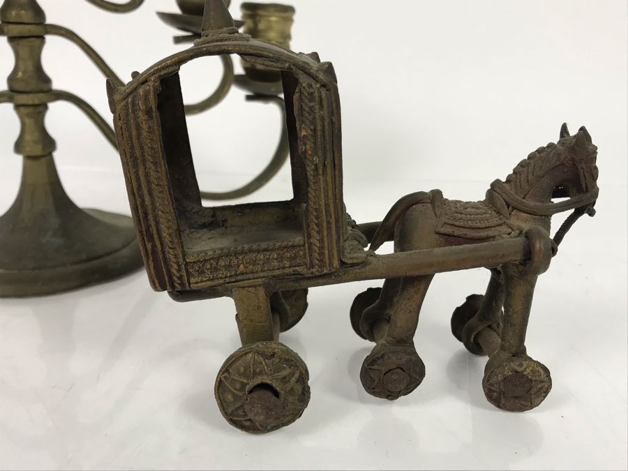 Vintage Brass Candelabra With Old Brass Horse Drawn Cart Toy [Photo 8]